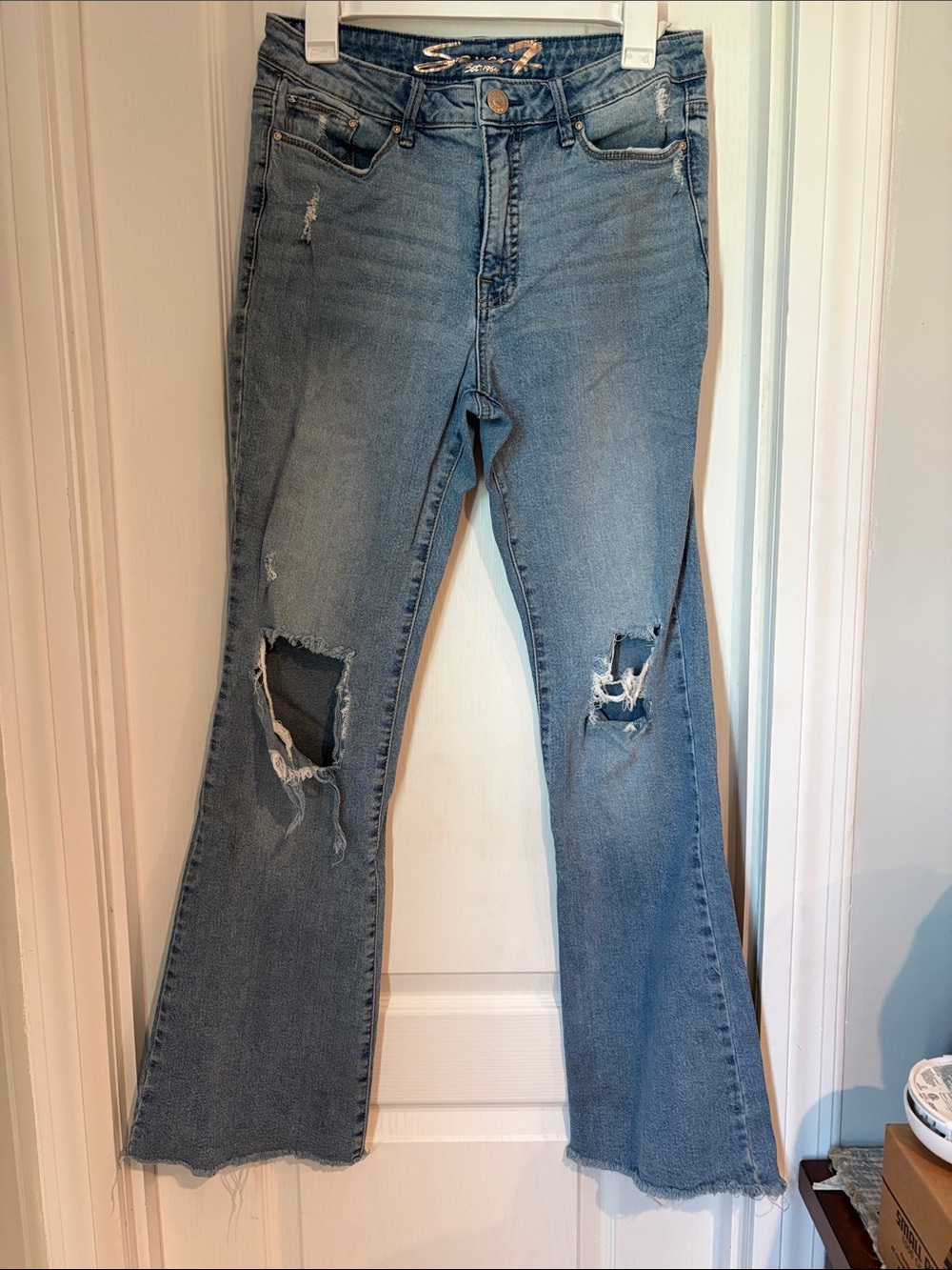 Seven7 Light Blue Distressed Flare Jeans